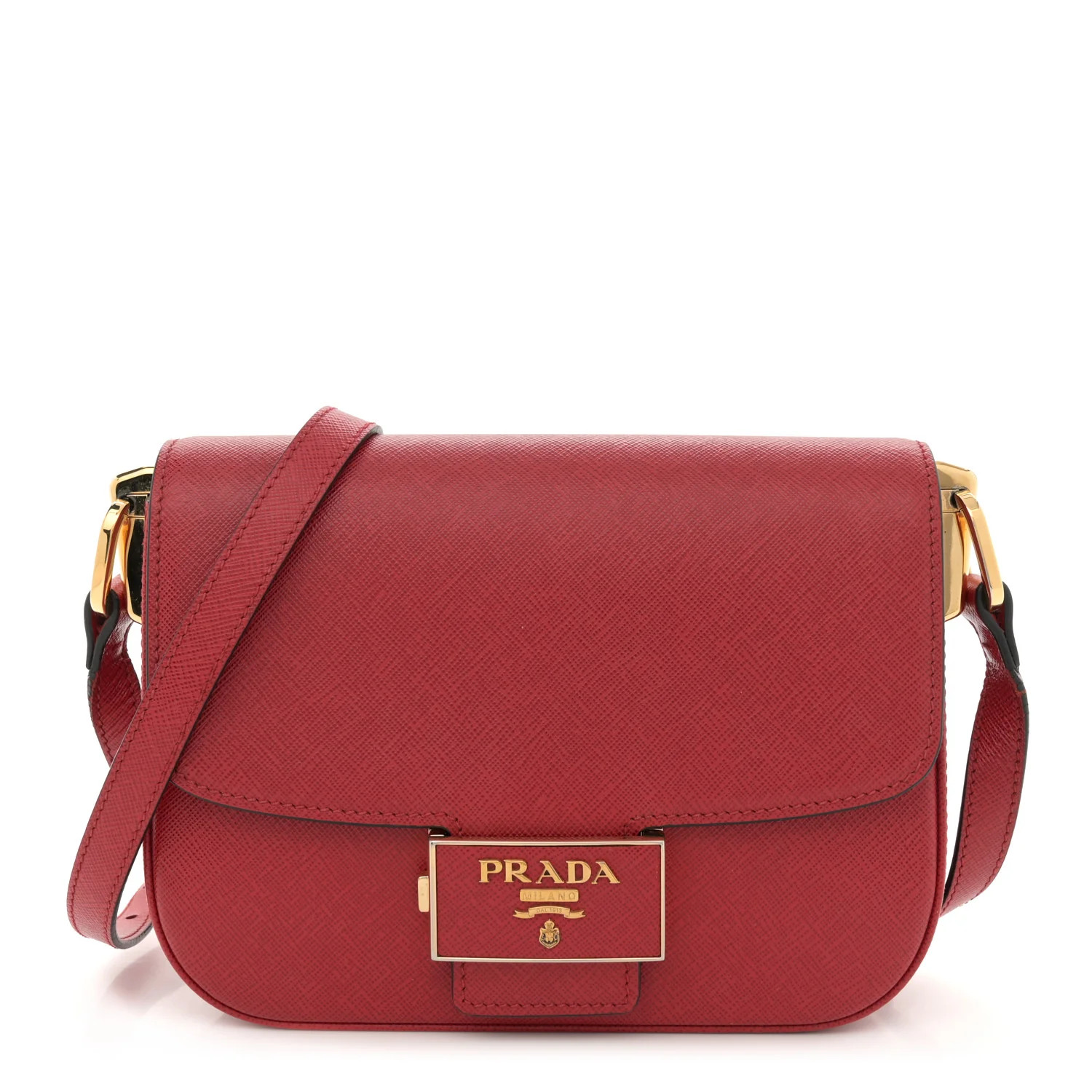 Saffiano Lux Embleme Flap Shoulder Bag Fuoco | FASHIONPHILE (US)
