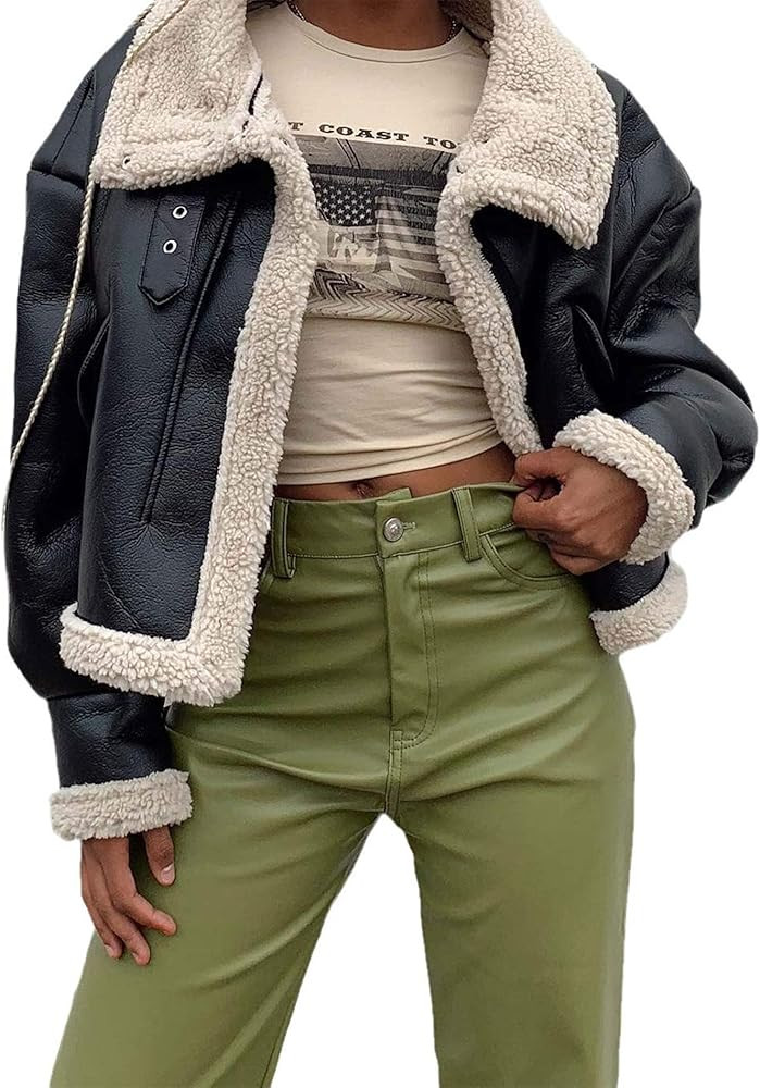 Sexyshine Women's Faux Shearing Moto Bomber Jacket Sherpa-Lined Coat Winter Aviator Leather Coat ... | Amazon (US)