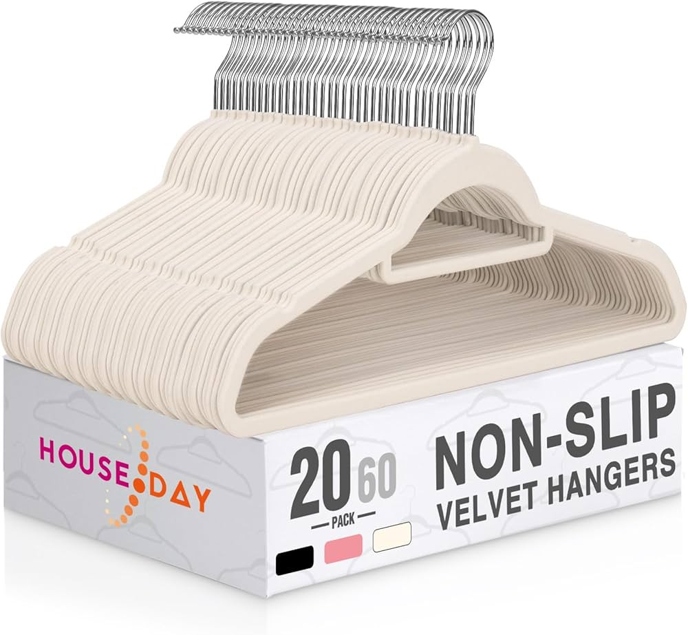 HOUSE DAY Velvet Hangers with Tie Bar 20 Pack Ivory, Clothes Hanger Non-Slip, Space Saving Felt H... | Amazon (US)
