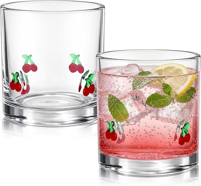 2 Pcs Cherry Icon Juice Glass 14 oz Cherry Reusable Stemless Icon Drinking Glasses Cups for Birth... | Amazon (US)