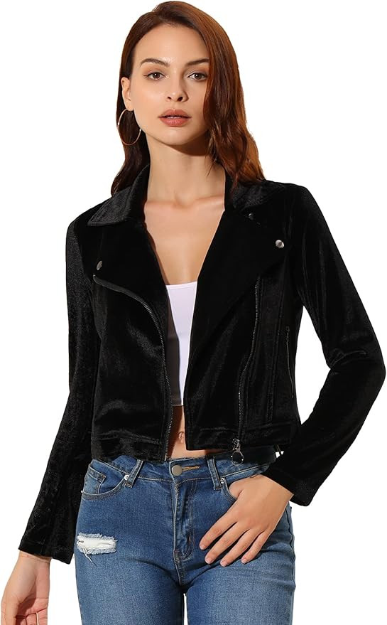 Allegra K Women's Velvet Lapel Collar Zipper Crop Moto Biker Jacket | Amazon (US)