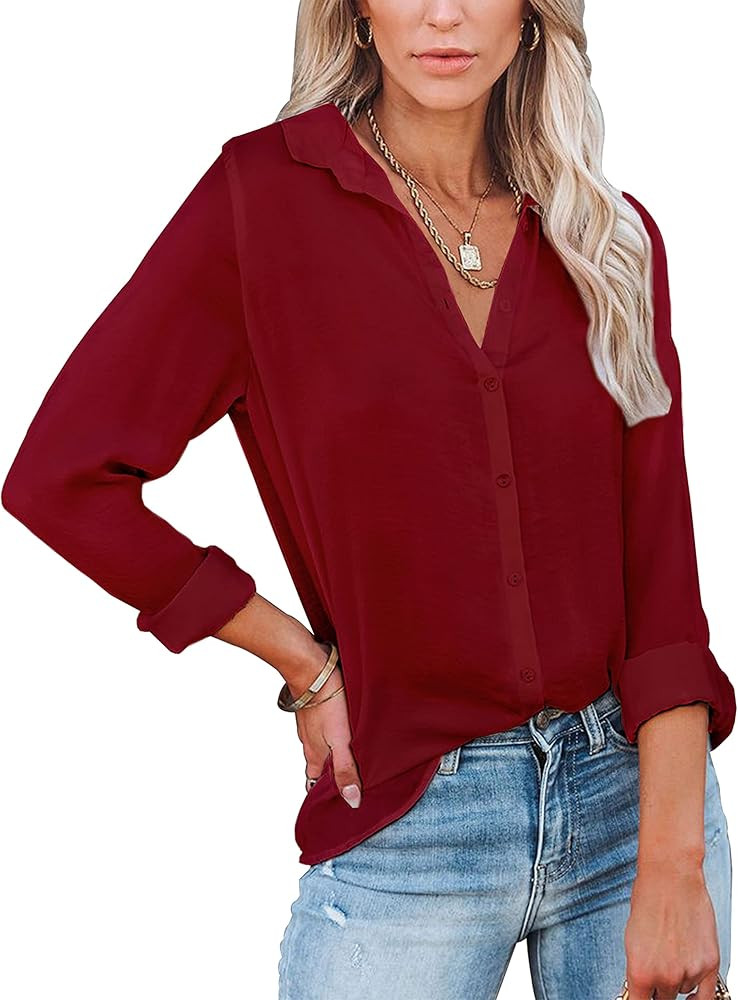 Diosun Womens Button Down V Neck Shirts Long Sleeve Office Casual Business Plain Blouses Tops | Amazon (CA)