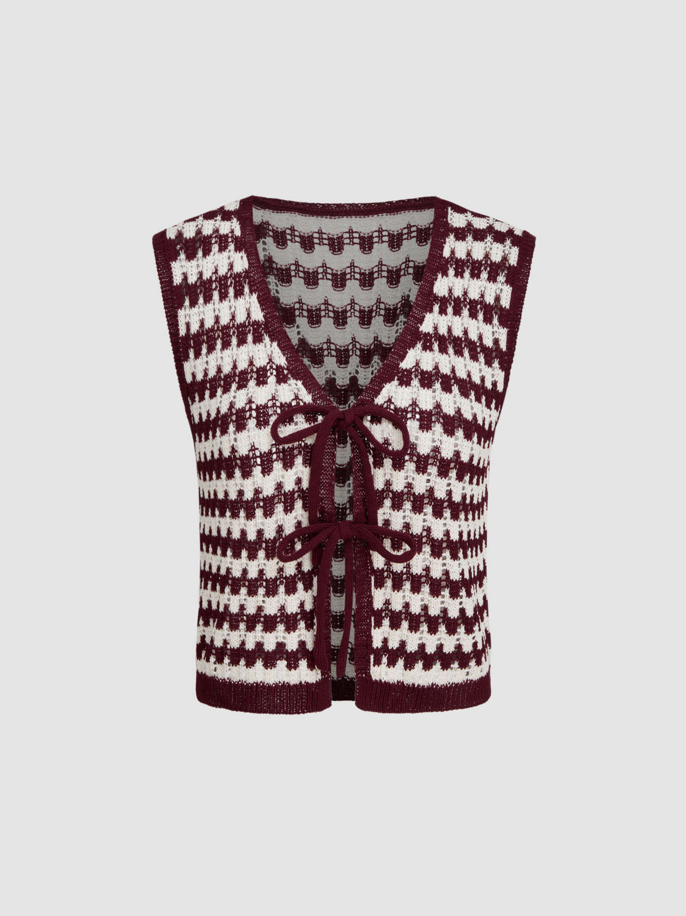 Knit Fabric Knit V-neck Stripe Tie Front Bowknot Vest For Vacation | Cider