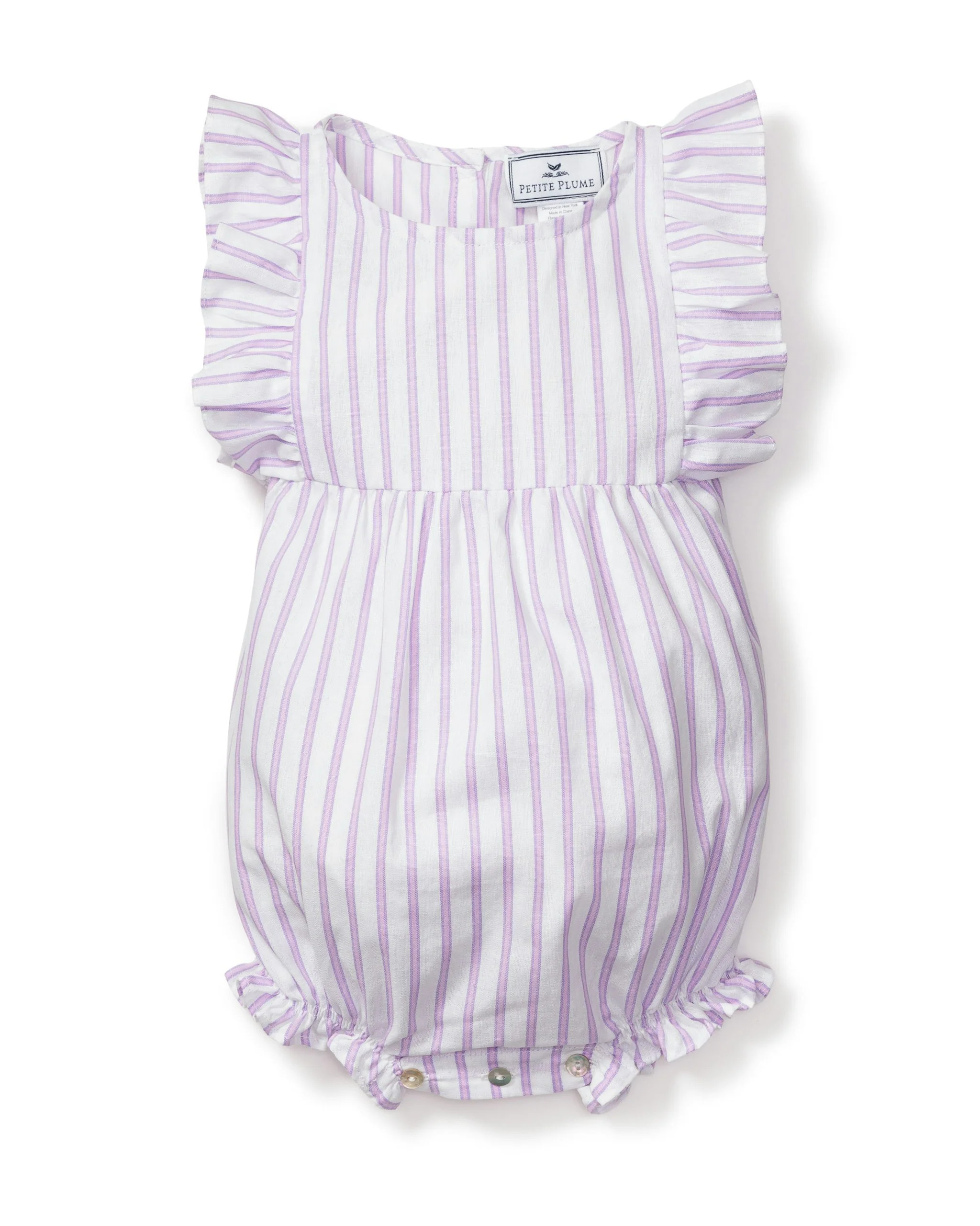 Baby's Twill Ruffled Romper in Lavender French Ticking | Petite Plume