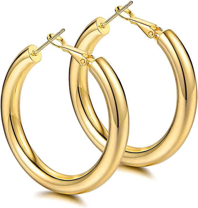 Thick Gold Hoop Earrings Lightweight Howllow Tube Hoops Chunky Gold for Women Hypoallergenic Big ... | Amazon (US)