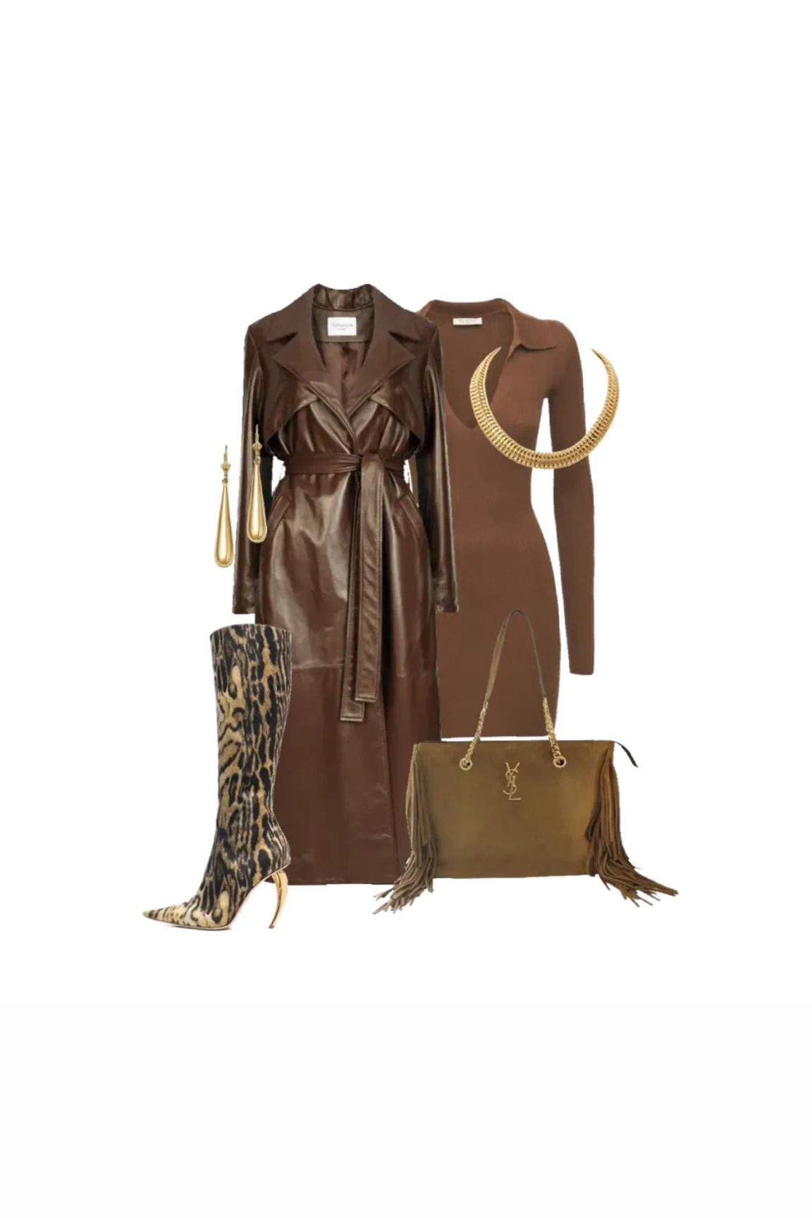 Devil wears prada inspired outfit 
Leather brown trench 
Brown body-con dress 
Ysl bag 
Zebra print heel 
Gold earring 
Gold necklace 

#LTKworkwear #LTKeurope #LTKmidsize