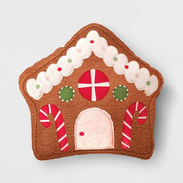 Gingerbread House Shaped Christmas Throw Pillow Brown/Red - Wondershop™ | Target