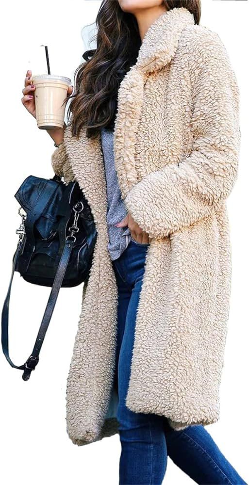 Womens Winter Clothes 2022 Fuzzy Fleece Lapel Open Front Long Cardigan Coat Faux Fur Warm Winter ... | Amazon (US)
