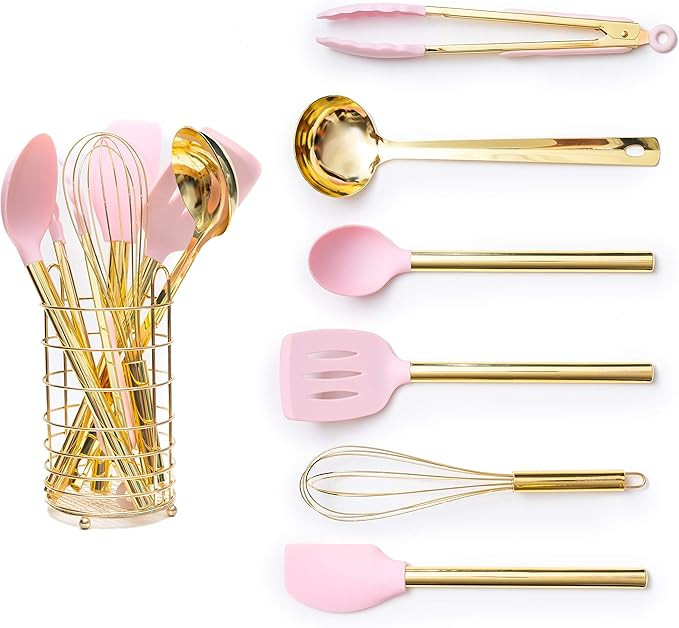 Pink & Gold Cooking Utensils with Stainless Steel Utensil Holder-Silicone Cooking Utensil Set: Go... | Amazon (US)