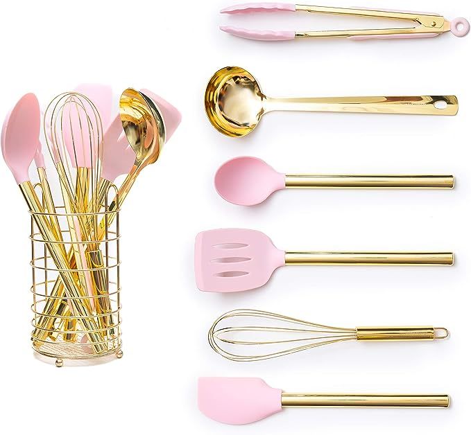 Pink & Gold Cooking Utensils with Stainless Steel Utensil Holder-Silicone Cooking Utensil Set: Go... | Amazon (US)