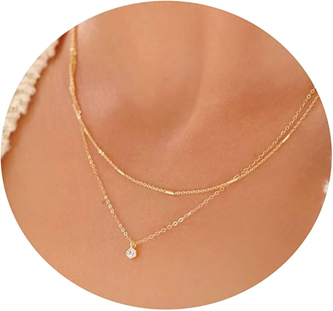 Tasiso Diamond Solitaire Pendant Necklace for Women Dainty 14K Gold Plated Tiny CZ Diamond Choker... | Amazon (US)