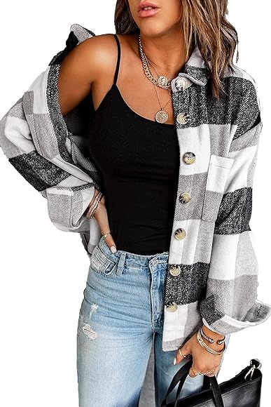 Hvepuo Women's Chequered Shacket, Long Sleeve Shirt, Blouse, Coat, Flannel Jacket | Amazon (DE)