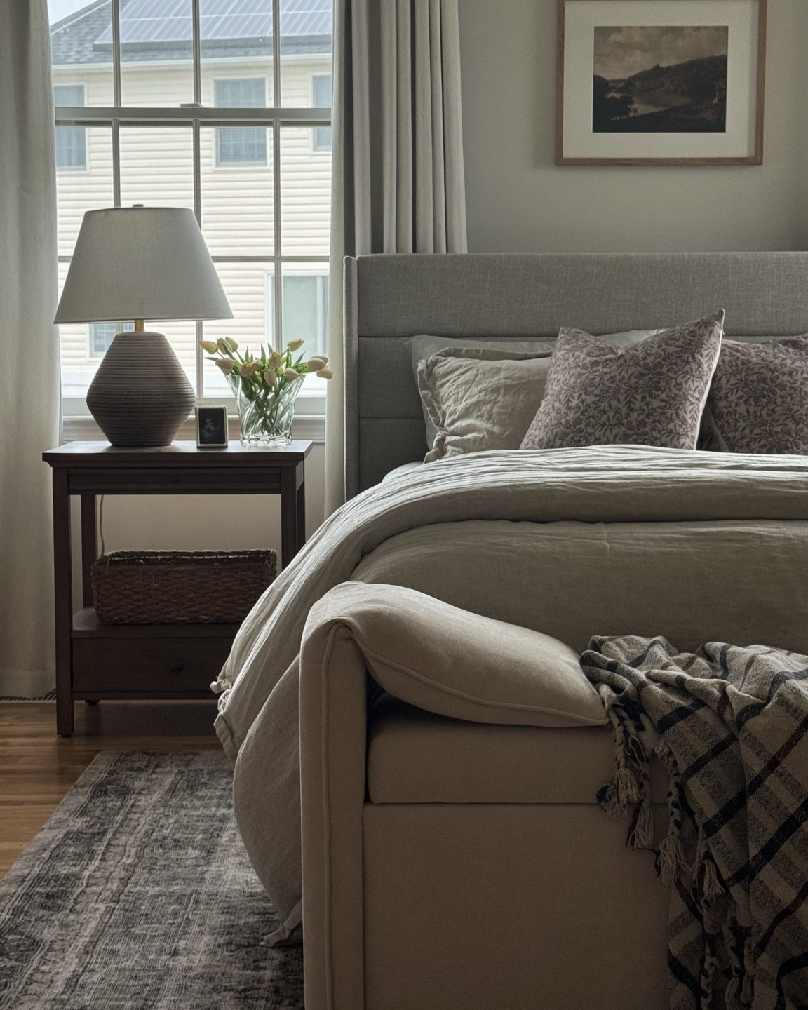 Guest bedroom, bedroom rug, bed bench, art above bed, nightstand decor, bedding, storage bench, throw pillows

#LTKHome