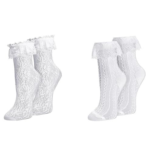 MKYSZLT Womens White Lace Socks Ruffle Frilly Dress Socks Cute Mesh Lace Trim Lolita Sock Sexy Lacy Ankle High Sock for Women 2 pairs | Amazon (US)