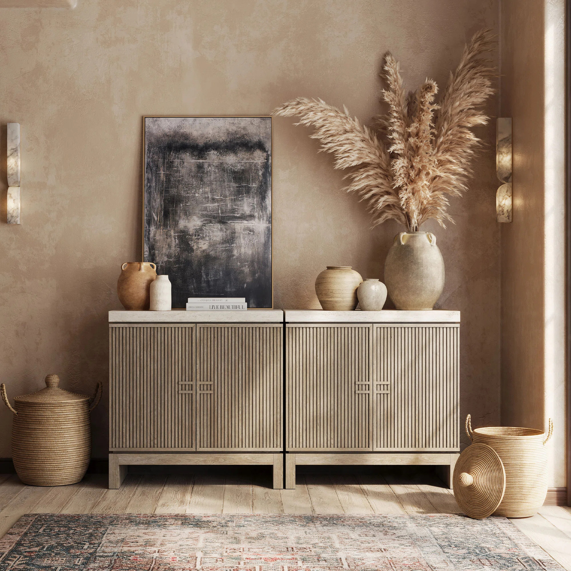 2 Door Sideboard Buffet Cabinet, Travertine Greige - Set of 2 (Set of 2) | Wayfair North America