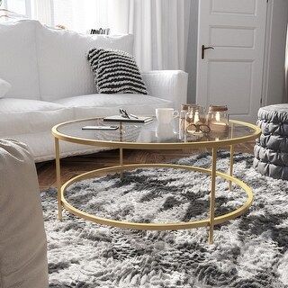 Round Tempered Glass Coffee Table with Round Matte Gold Frame - Clear/Matte Black | Bed Bath & Beyond