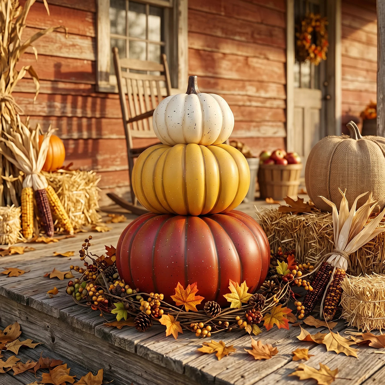 3 Tier Stacked Speckled Pumpkin Statue, 23.2 Inch Fall Harvest Porch Decor, Waterproof Outdoor Th...