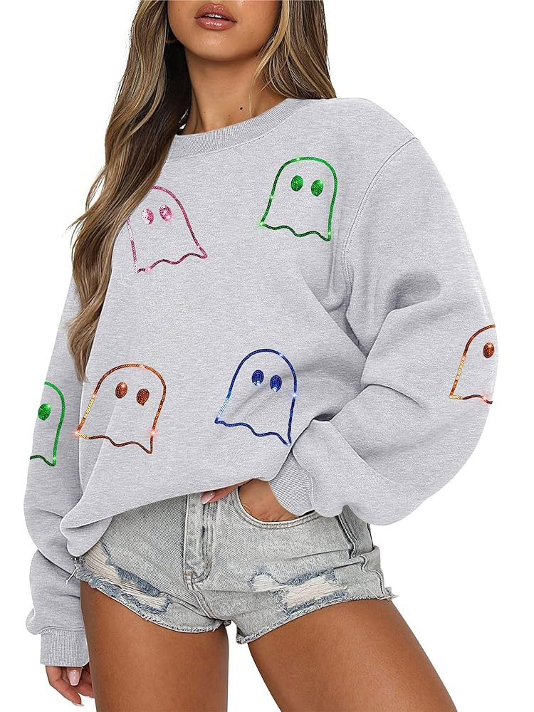 MAXIMGR Halloween Sweatshirts for Women Sequin Ghost Pumpkin Sweatshirt Funny Spooky Season Shirt... | Amazon (US)