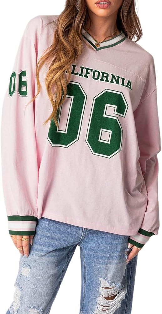 Women Oversized Jersey Graphic Tee Tops Y2k Number Graphic Long Sleeve Shirts Aesthetic Clothes V... | Amazon (US)
