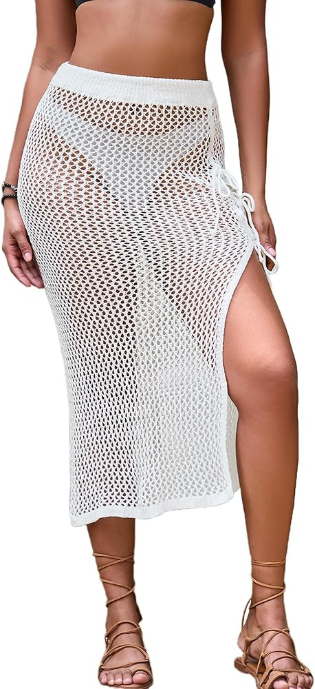 Bsubseach Crochet Cover Up Skirt for Women Hollow Out Knit Bating Suit Drawstring Side Slit Maxi ... | Amazon (US)