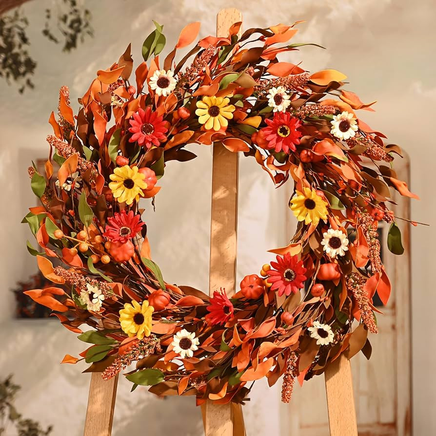 Waipfaru Fall Wreaths for Front Door, 22-24in Daisy Fall Door Wreath with Pumkin，Autumn Wreaths... | Amazon (US)
