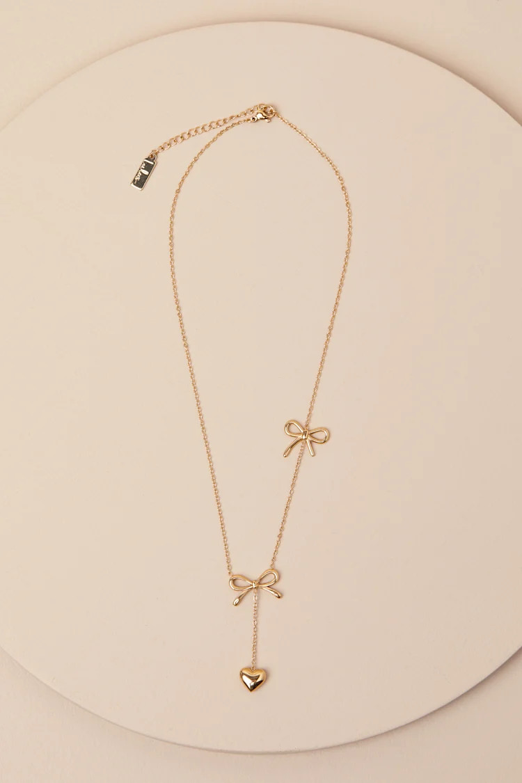 Elsy Gold Bow and Heart Drop Necklace | Lulus