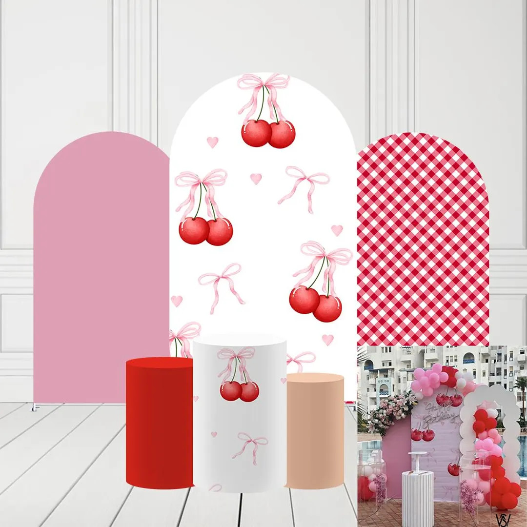 Cherry Red Plaids Arch Backdrop Covers Berry First Birthday Party Pedestal Cylinder Pillars Cover... | Etsy (US)