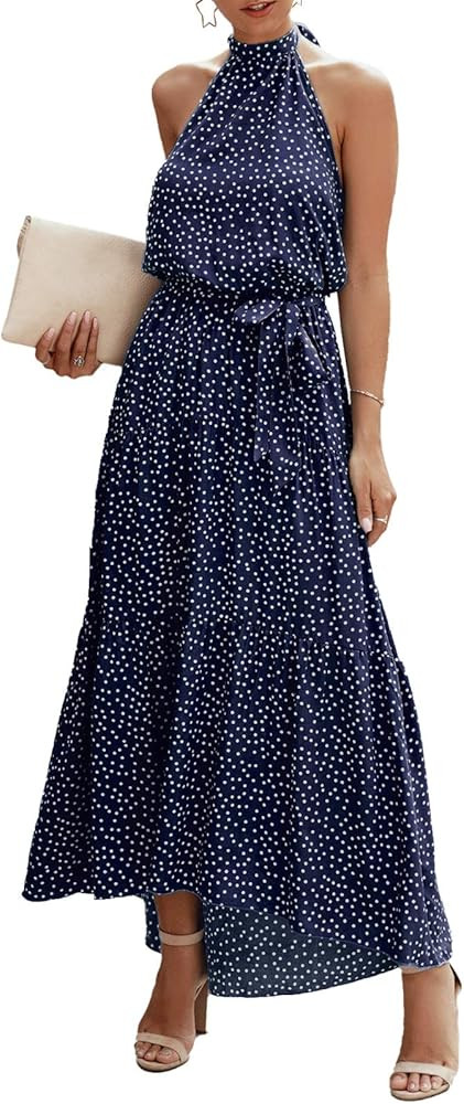 PRETTYGARDEN Women's Casual Halter Neck Sleeveless Floral Long Maxi Dress Backless Loose Ruffle Sund | Amazon (US)
