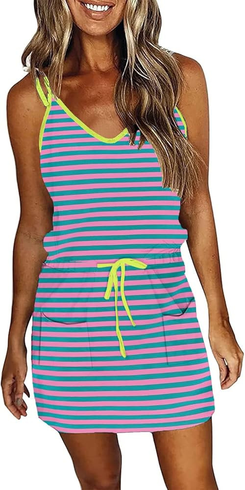 Women Summer Casual Striped Dress Sleeveless Halter Strap Flowy Boho Dress with Pockets | Amazon (US)