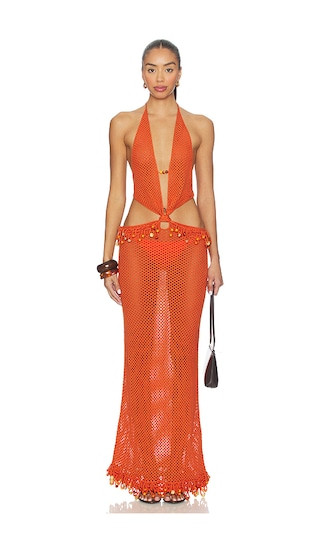 Crochet Bead Trim Maxi Dress in Orange | Revolve Clothing (Global)