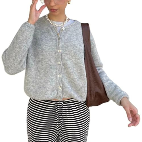 Women Button Down Cardigan Long Sleeve Crewneck Sweater Vintage Lightweight Knit Jacket Fall Goin... | Amazon (US)