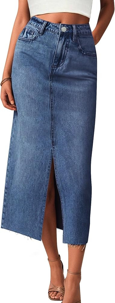AiMgFUN Jean Skirt for Women Denim Skirt with Pockets Mid Waist Long Split Skirts | Amazon (US)