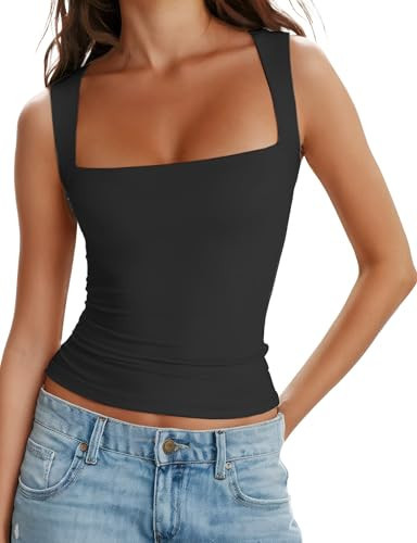 AURUZA Square Neck Tank Tops for Women, Sleeveless Double Lined Tops for Women Sexy Going Out Top Trendy Basic Fitted Shirts (Tank Top-Black, Medium) | Amazon (US)