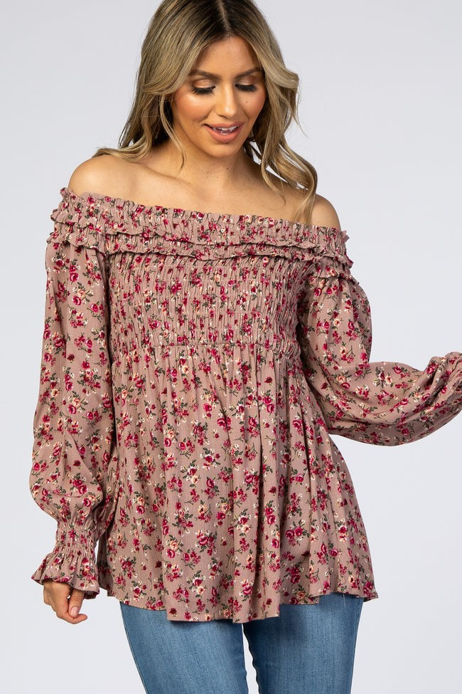 Mauve Floral Off Shoulder Long Sleeve Top | PinkBlush Maternity
