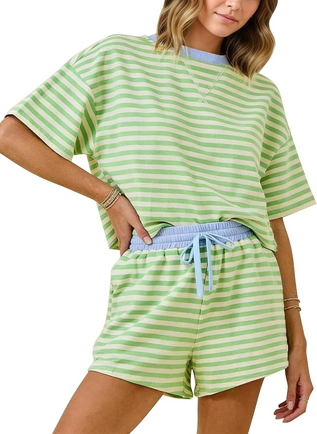MISSACTIVER Womens Lounge 2 Piece Sets Summer Striped Matching Pajamas Set Short Sleeve Oversized... | Amazon (US)