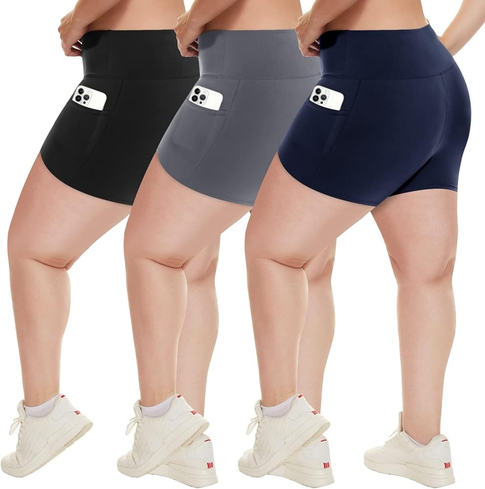 HLTPRO 3 Pack Plus Size Biker Shorts with Pockets for Women (S-4XL)- 8"/5"/3" High Waist Tummy Co... | Amazon (US)