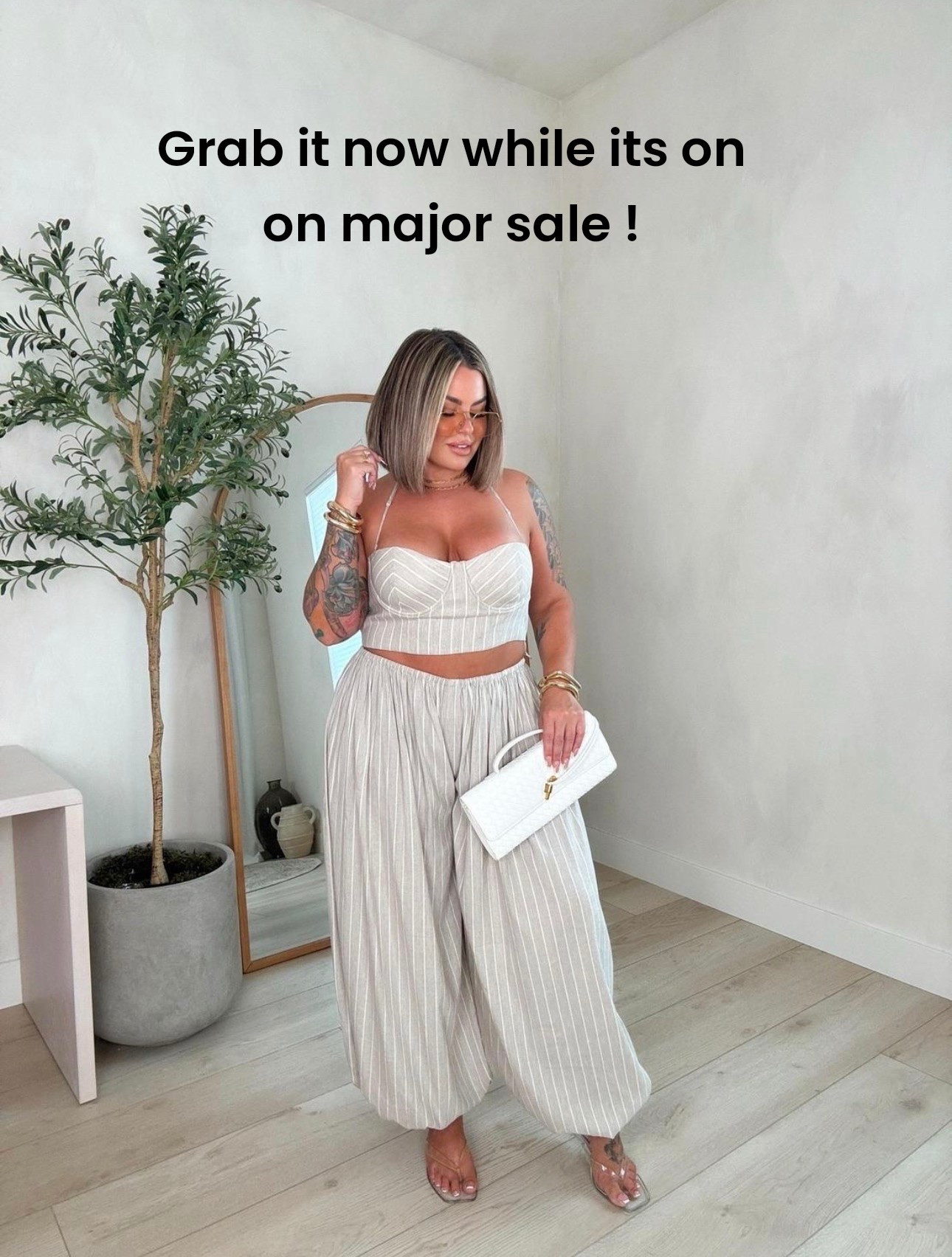 Obsessed with this outfit !!! 

Top xl if you have a large chest size up if not order normal size because it has stretch.

Pants run really big I’m wearing a M and they are still big. 

Heels comes in several colors.  

Use code shayna15 on Miranda Frye to save $