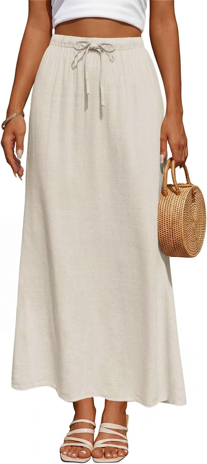 Women's Linen Maxi Skirt Drawstring Back Slit Elastic High Waisted Flowy 2026 Summer White Long S... | Amazon (US)