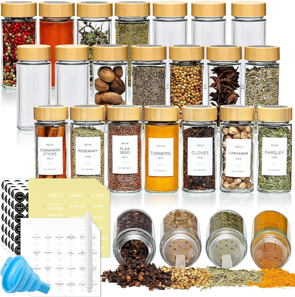 Amazon.com: NETANY 24 Pcs Spice Jars with Bamboo Lids - 4 oz Round Glass Spice Jars with Labels, ... | Amazon (US)
