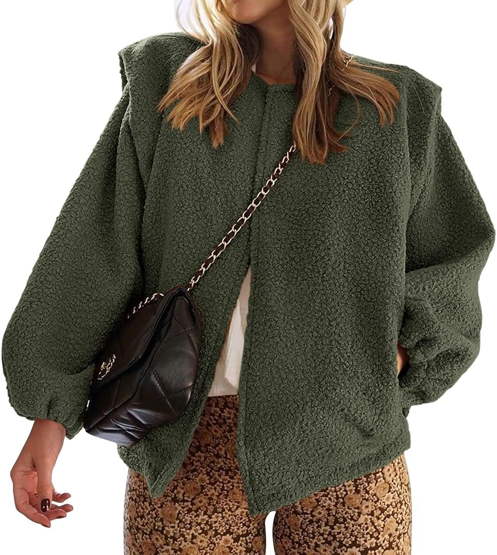 Women's 2023 Fall Winter Sherpa Fleece Jacket Faux Wool Embedded Lantern Sleeve Casual Loose Outw... | Amazon (US)