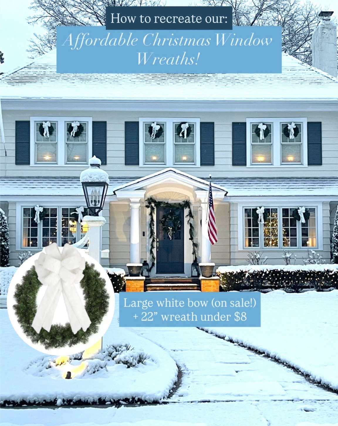 I just found super affordable outdoor safe 22” pine wreaths that would be perfect to recreate this look on your home!! 

Pair with these large white bows (currently buy 1 get 3 free!!! 🤯🙌🏻) and we love these net Christmas lights on our boxwood hedge, also currently on sale!

#LTKHoliday #LTKHome #LTKSaleAlert