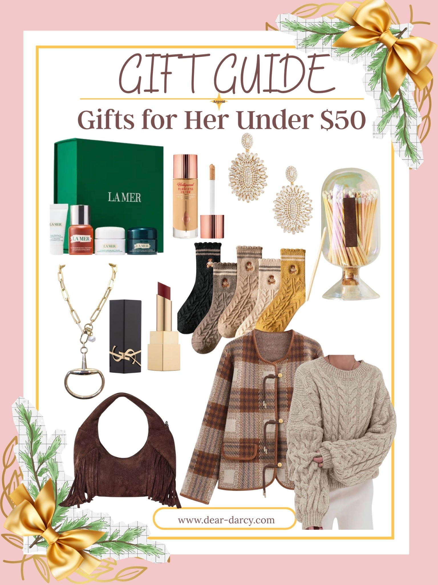 Gifts for her under 50

A great classic cable knit sweater tts

Great plaid jacket

Suede grinder bag $30

Lamer  skin care minis 

Glass match holder

Beautiful earrings 

Ysl lipstick 

My best selling horse bit handmade necklace 

Cute sock set with teddies 



#LTKStyleTip #LTKFindsUnder50 #LTKGiftGuide