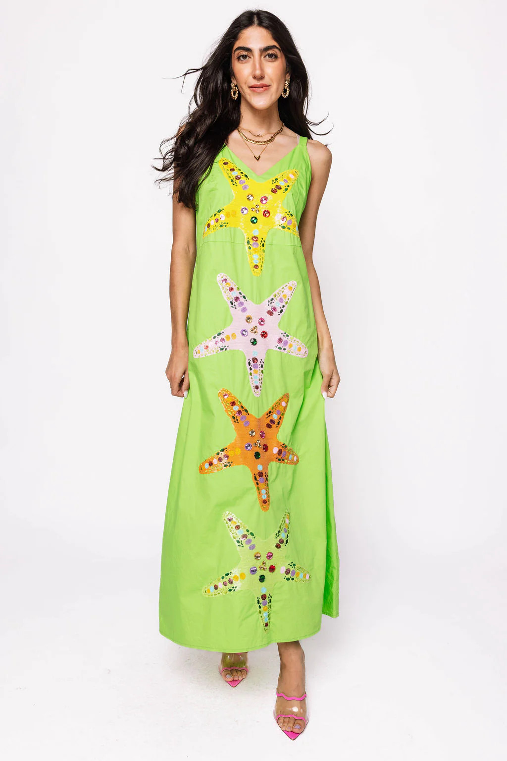 Lime Green Multi Star Fish Midi Cotton Dress | Queen of Sparkles