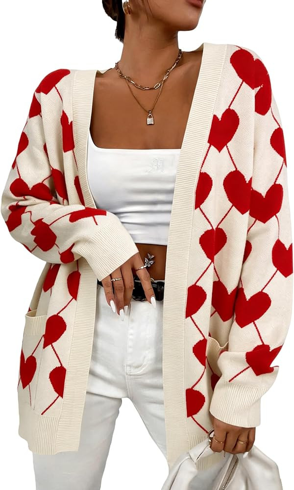 Heart Cardigan Valentines Sweater Women: Valentine Cardigan Love Print Open Front Knit Sweaters O... | Amazon (US)