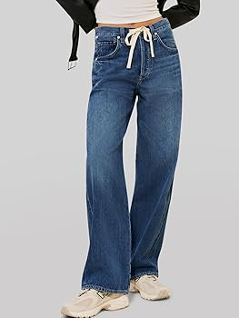 PLNOTME Womens Baggy Wide Leg Jeans Boyfriend Drawstring High Waisted Mom Denim Pants with Pocket... | Amazon (US)