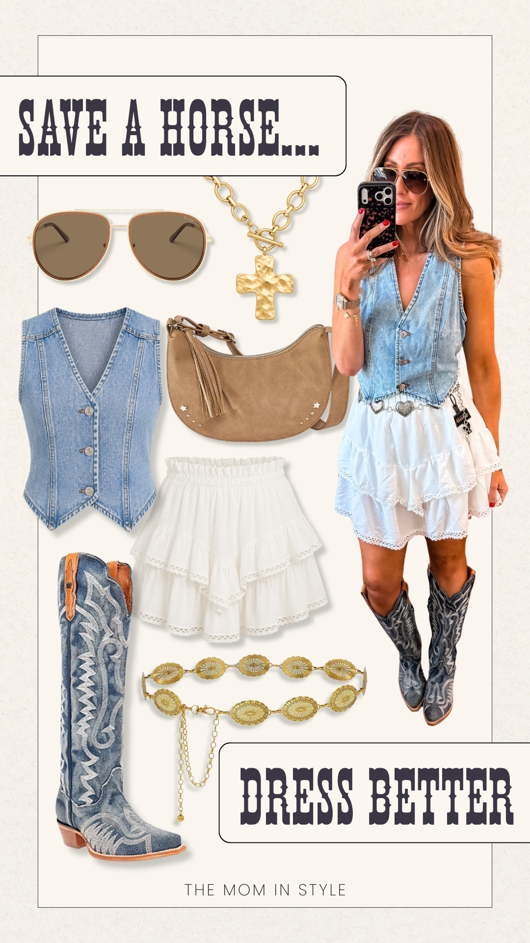 Save a horse… dress better 🤠This western moment is too good. Denim vest, flowy white skirt, statement belt, and boots that do all the talking. It’s giving flirty, fun, and just the right amount of country

western outfit, cowgirl style, denim vest, cowboy boots, concert outfit, themominstyle 

#LTKootd #LTKSeasonal #LTKTravel