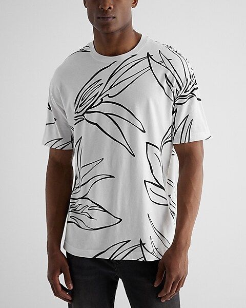 Relaxed Leaf Print Perfect Pima Cotton Crew Neck T-Shirt | Express