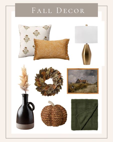 Fall decor, living room decor, table lamp, vase, faux pumpkin, framed art print, pillows, wreath, throw blanket

#LTKSeasonal #LTKhome