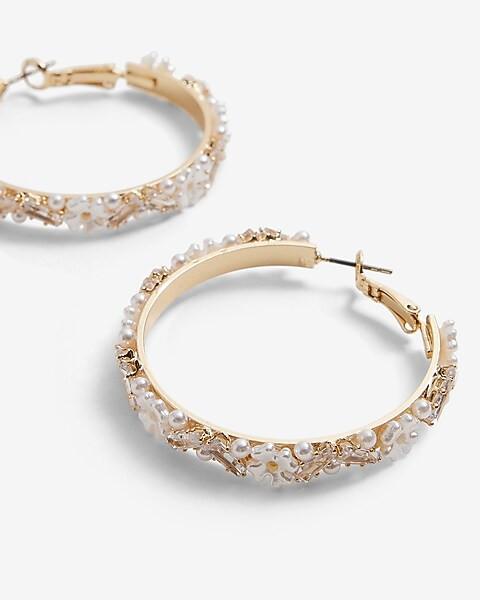 Rhinestone Pearl Lined Hoop Earrings | Express
