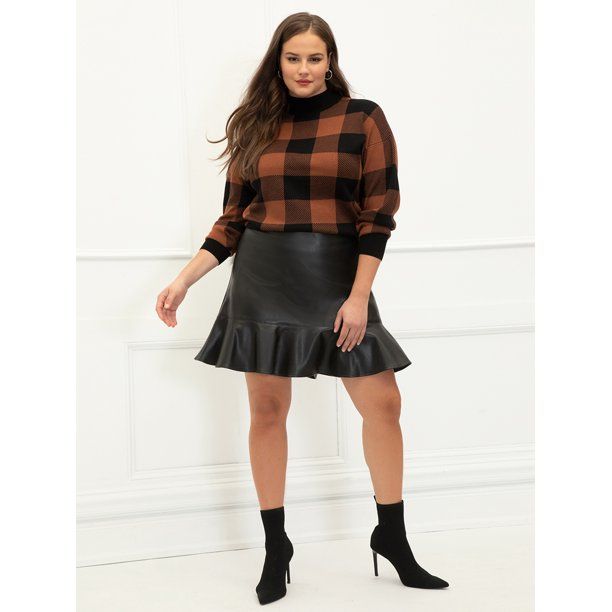 ELOQUII Elements Plus Size Faux Leather Skirt with Flounce - Walmart.com | Walmart (US)